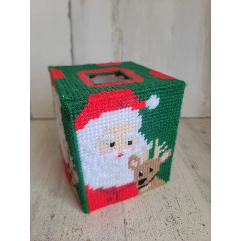 Vintage Santa Claus reindeer tissue box knit pattern home decor display